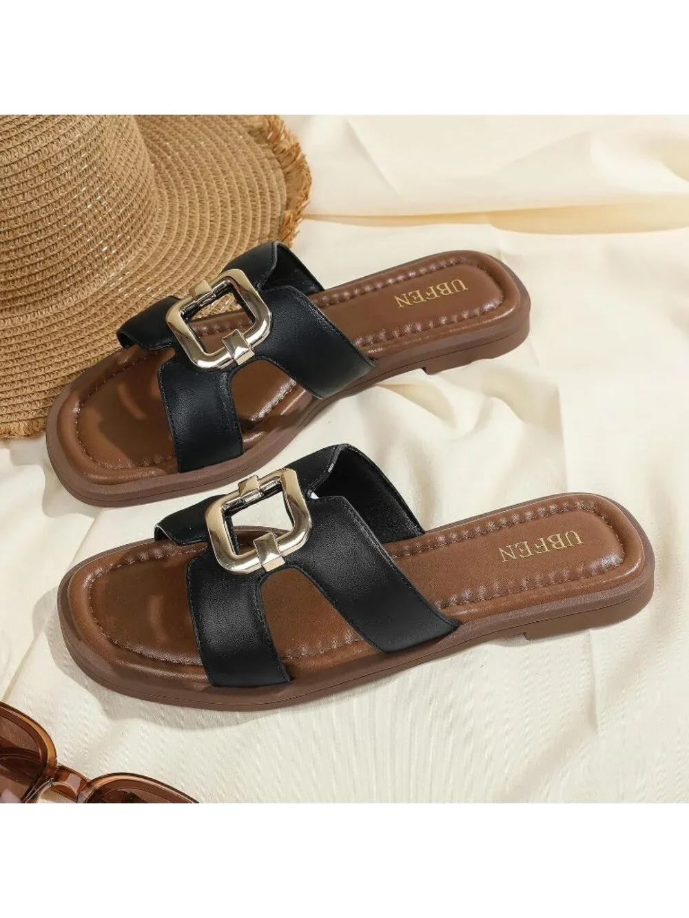 Women's Black 1 Square Toe Flat Sandals Slides Dressy Comfortable for Beach